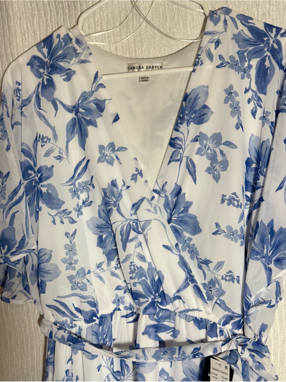 Sandra Darren White and Blue Floral Wrap Tunic